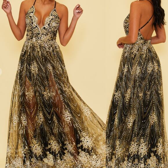 LUXXEL SZ S black gold glitter backless strappy formal maxi dress gown NWT B162 - Picture 1 of 5